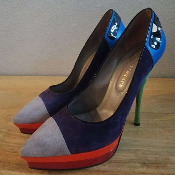 Versace Shoes Womens Size 40.5 Multicolor Suede Leather Platform High Heel Italy - Picture 7 of 14